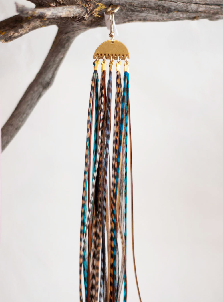 Long Feather Earrings - teal with brass