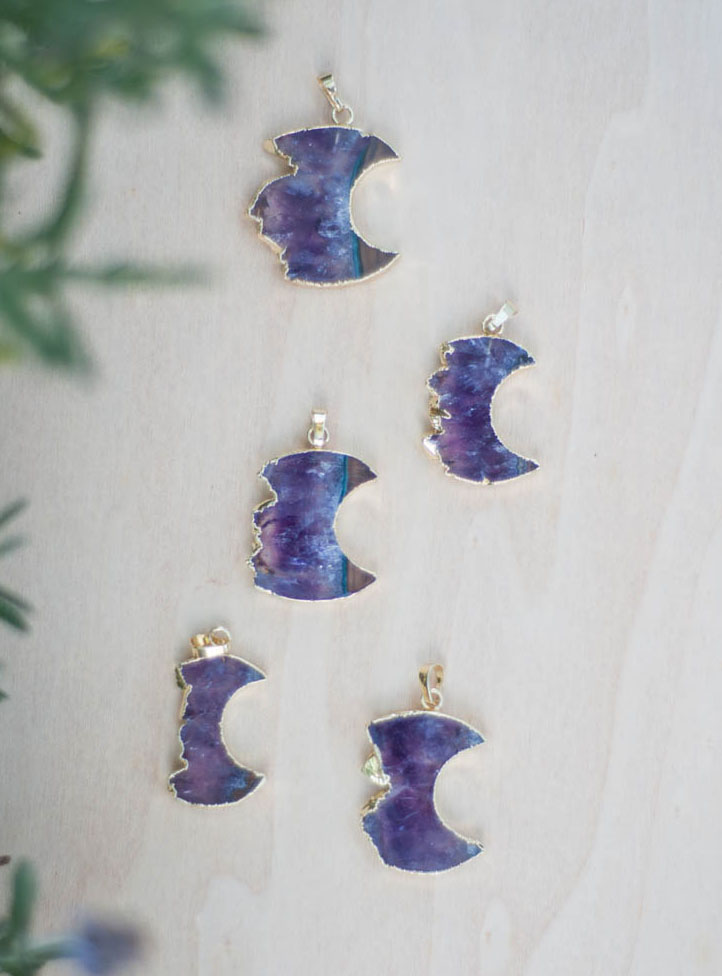 Amethyst Moon Geode Necklace - Gold Color